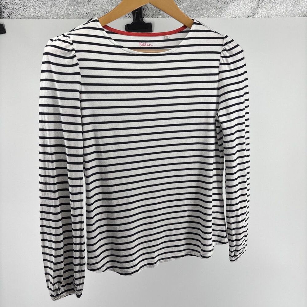 Boden Striped Long Sleeve Tee Women US 6. White Black Nautical Supersoft Top